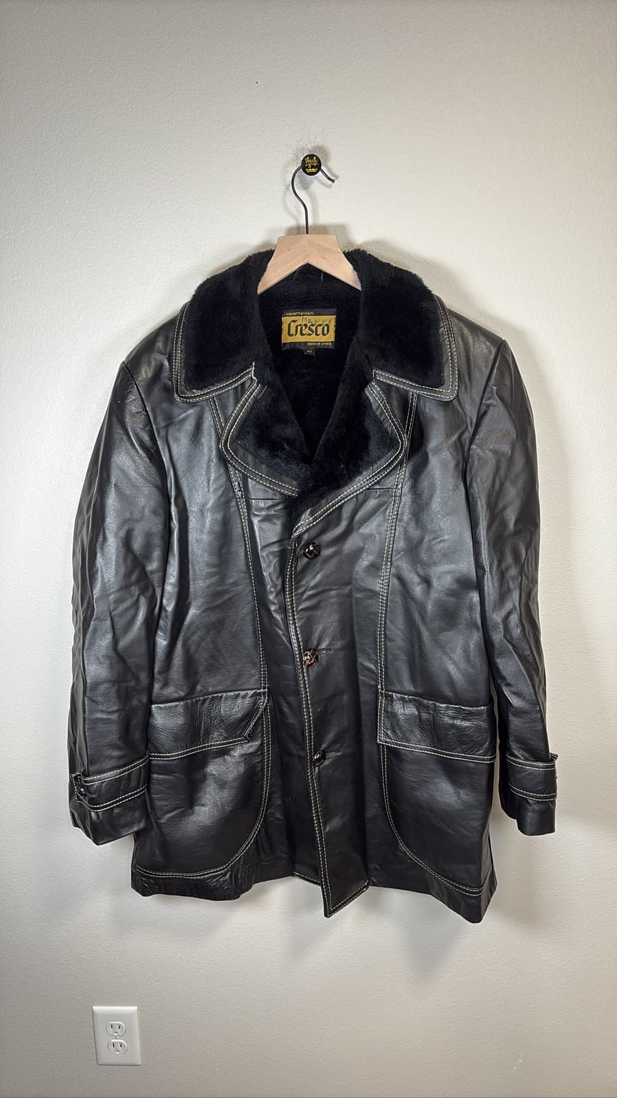 Vintage Cresco Men's Black Leather Faux Fur Lined Button Front Coat 42