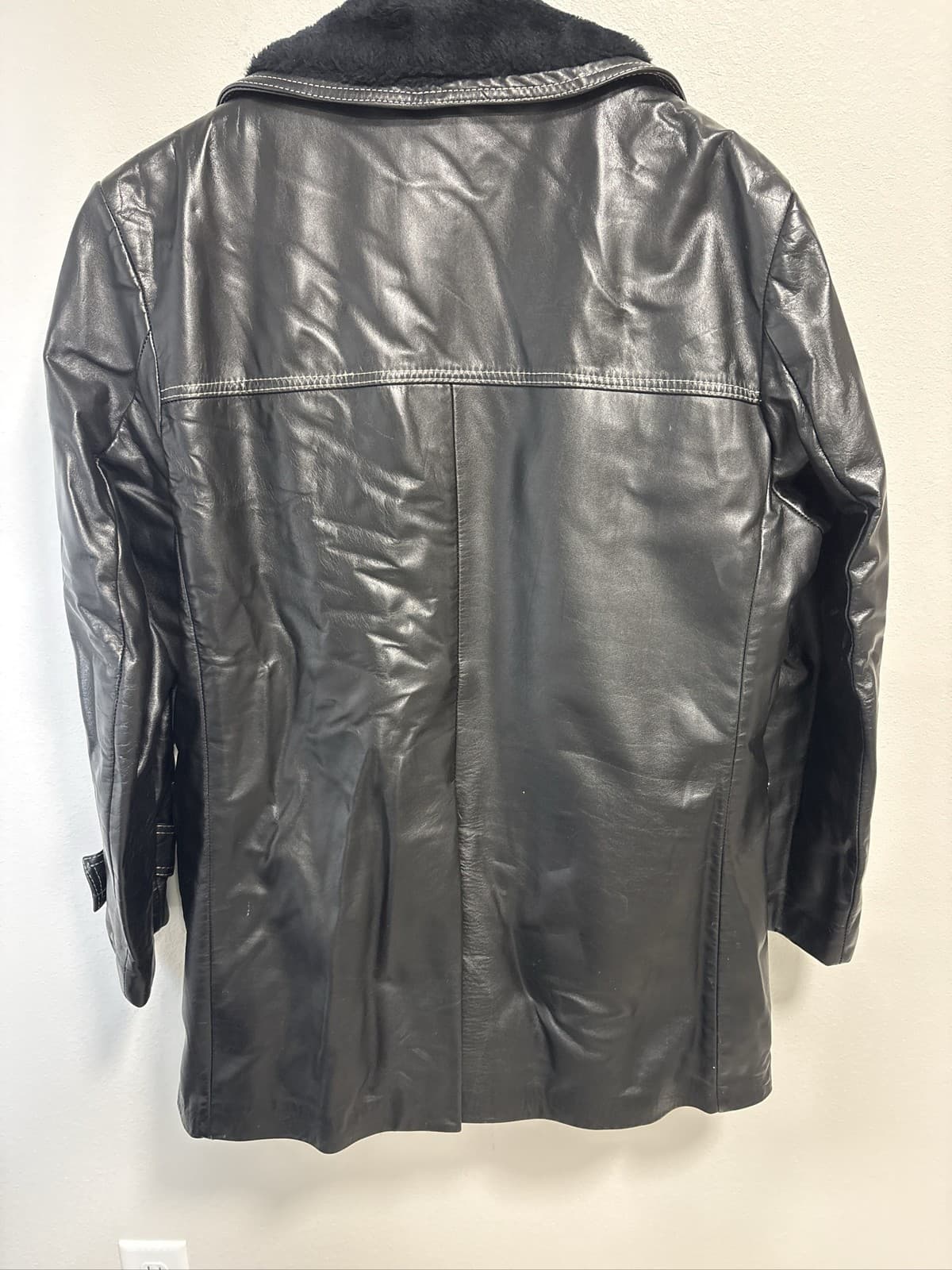 Vintage Cresco Men's Black Leather Faux Fur Lined Button Front Coat 42 - Thumbnail 7