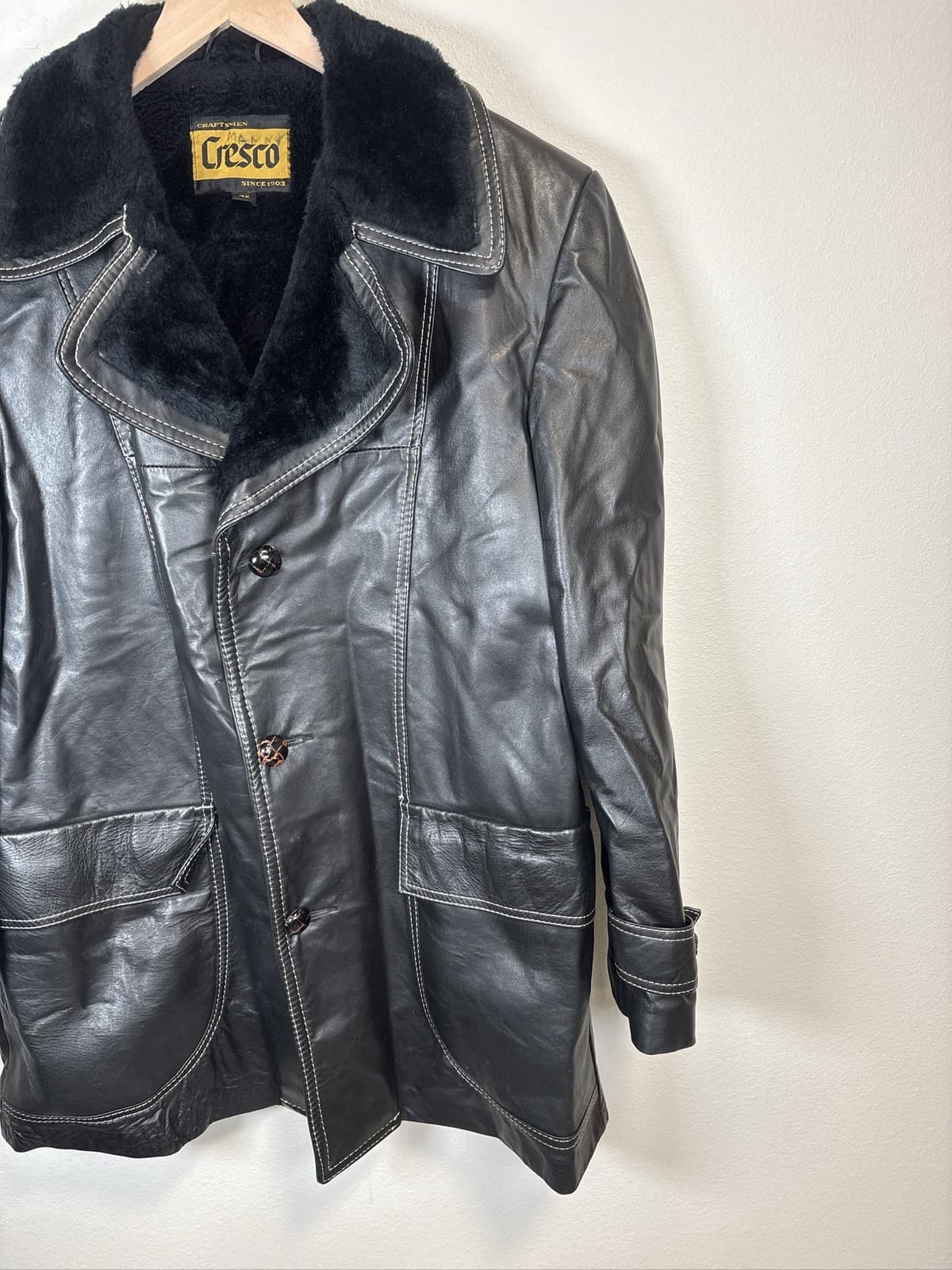 Vintage Cresco Men's Black Leather Faux Fur Lined Button Front Coat 42 - Thumbnail 2