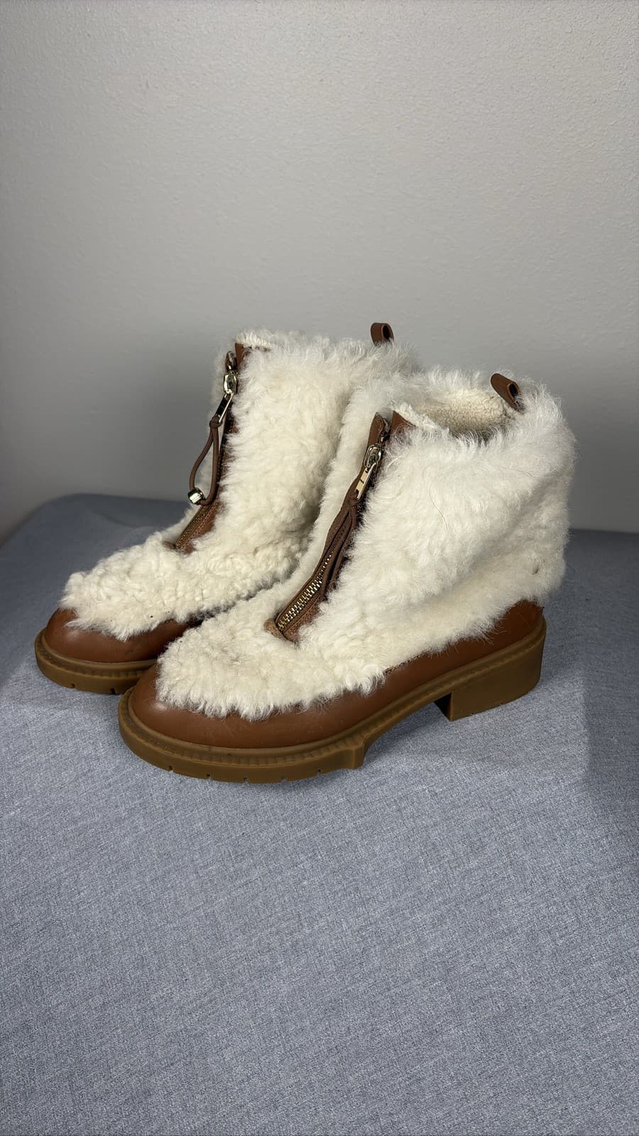 COACH Leona Leather Shearling Zip Boots Honeygum White C7456 Size 7