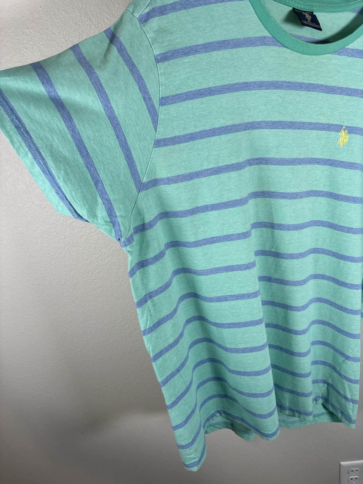 US Polo Assn Mens Green Blue Striped Crew Neck Tee XL - Thumbnail 4