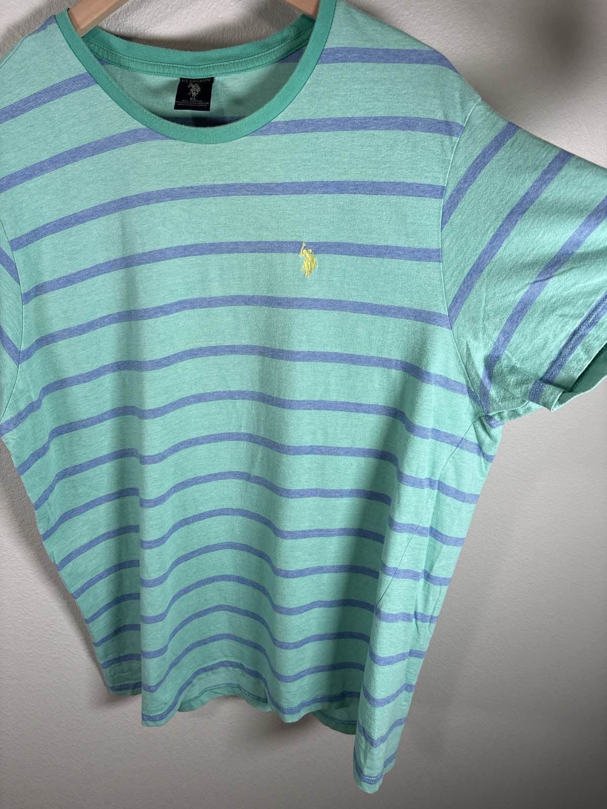 US Polo Assn Mens Green Blue Striped Crew Neck Tee XL - Thumbnail 5