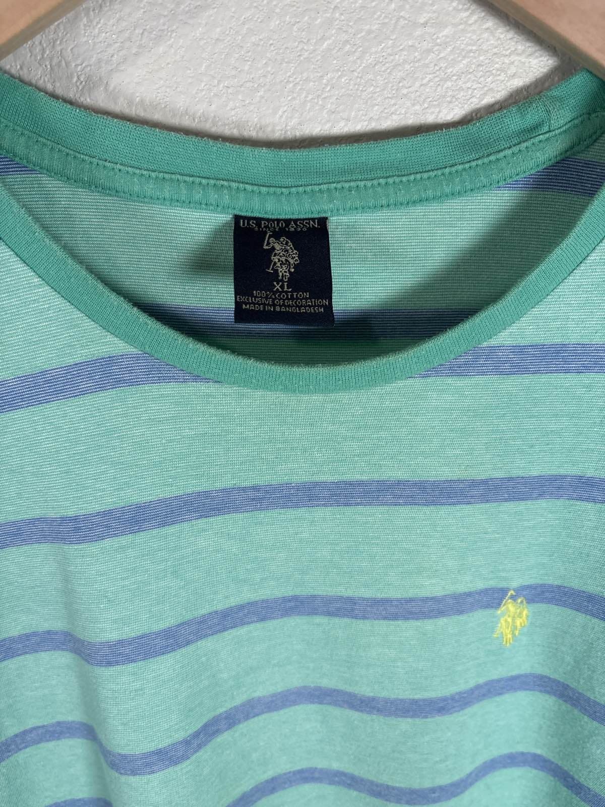 US Polo Assn Mens Green Blue Striped Crew Neck Tee XL - Thumbnail 2