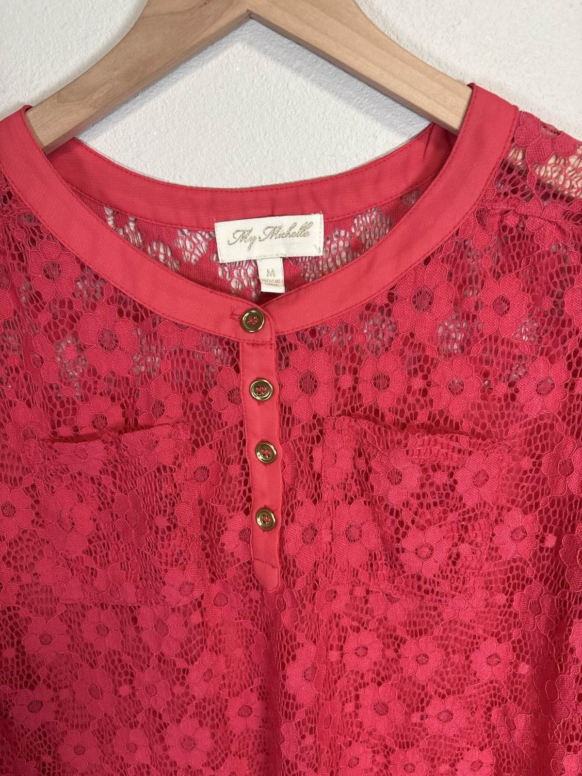 Michelle Pink Floral Lace Blouse M Collared Button Up Sheer - Thumbnail 2