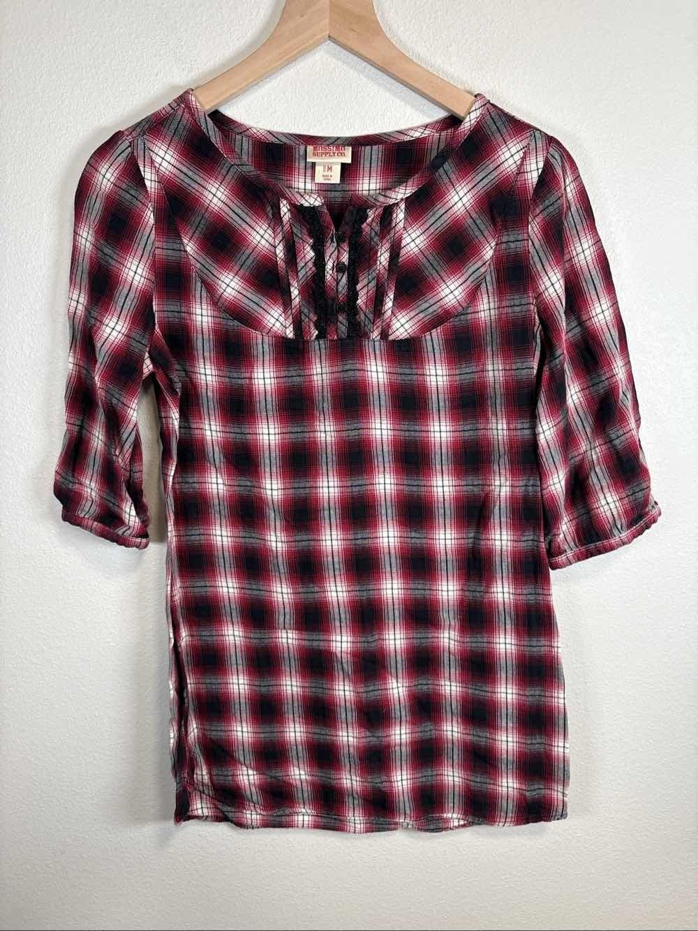 Mossimo Supply Co XS Red Black Plaid Lace Accent 3/4 Sleeve Tunic