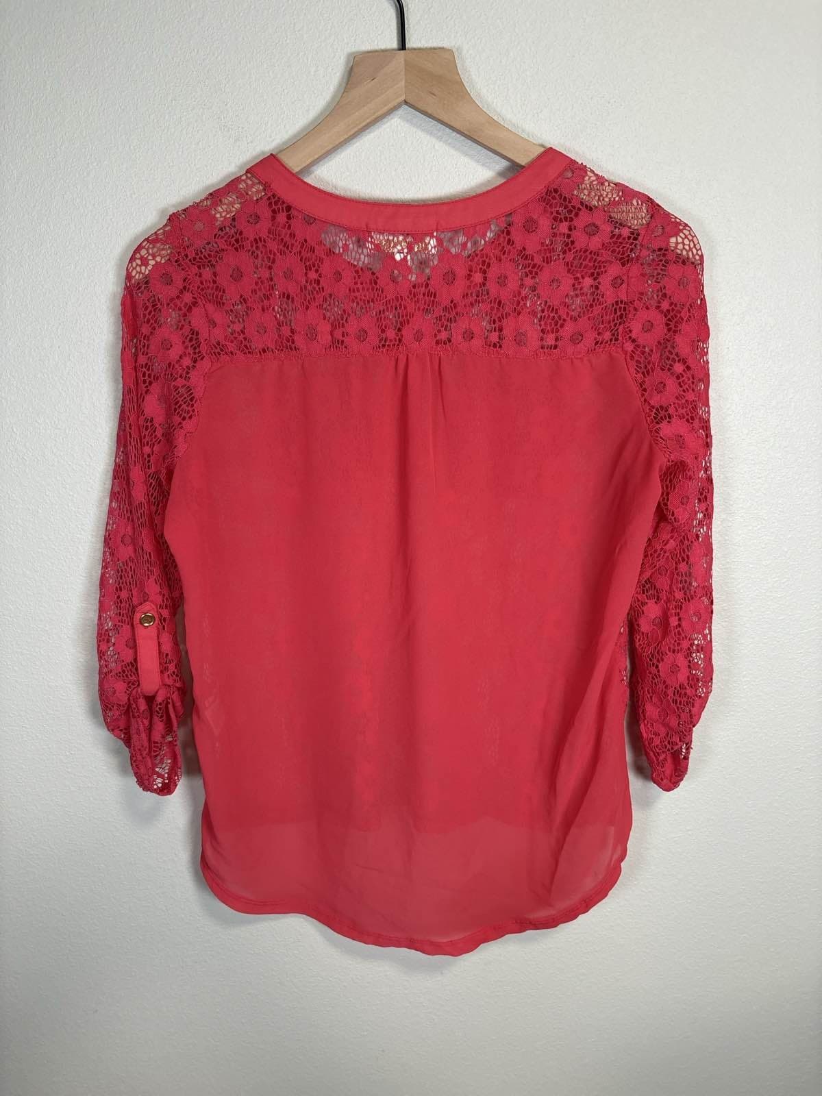 Michelle Pink Floral Lace Blouse M Collared Button Up Sheer - Thumbnail 4