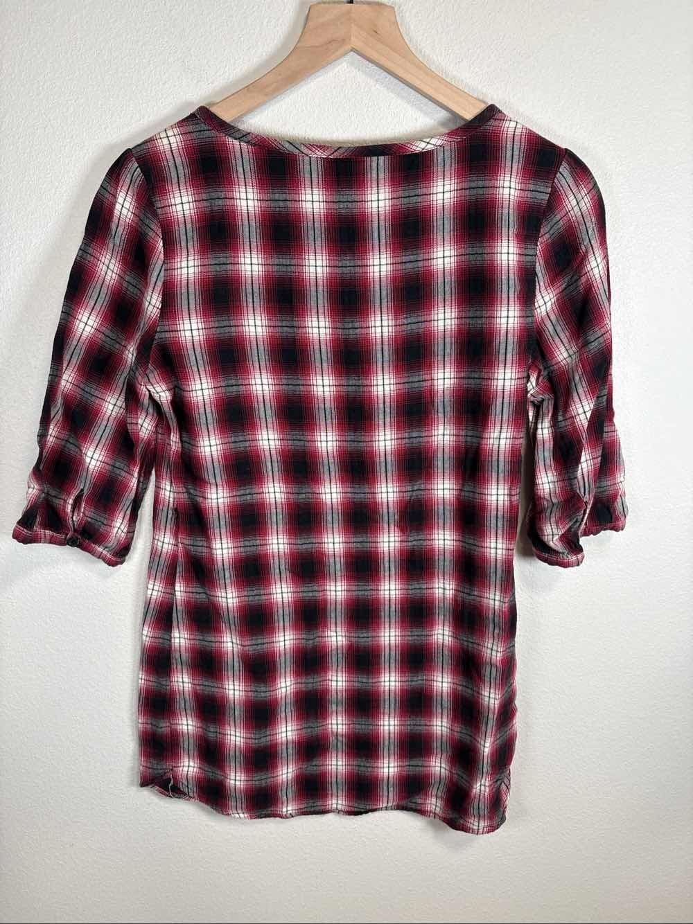 Mossimo Supply Co XS Red Black Plaid Lace Accent 3/4 Sleeve Tunic - Thumbnail 3