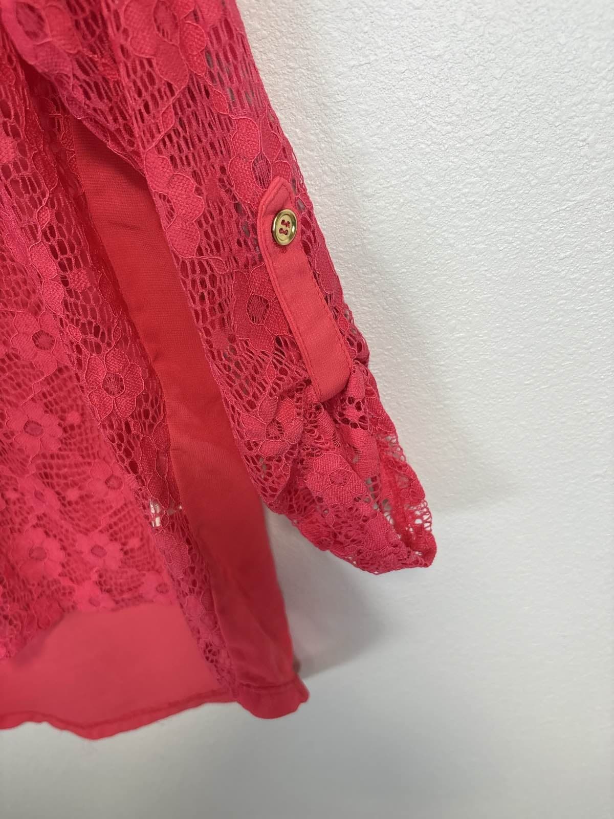 Michelle Pink Floral Lace Blouse M Collared Button Up Sheer - Thumbnail 3
