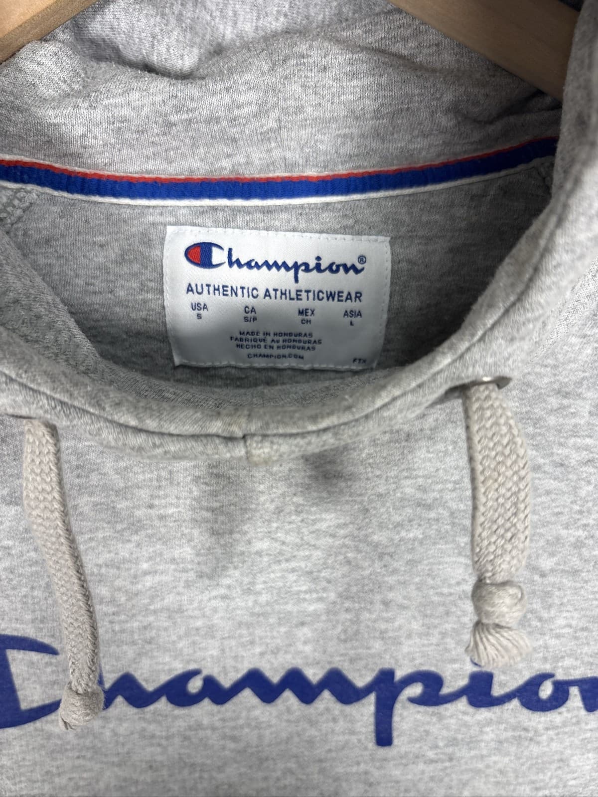 Champion Hoodie Mens Medium Gray Pullover Script Logo Sweatshirt Small - Thumbnail 2