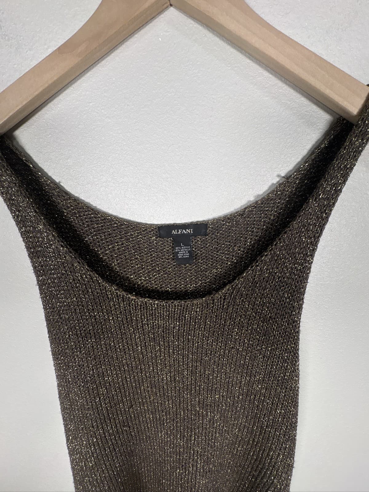 Alfani Womens Gold Metallic Ribbed Knit Tank Top Scoop Neck Size L - Thumbnail 2