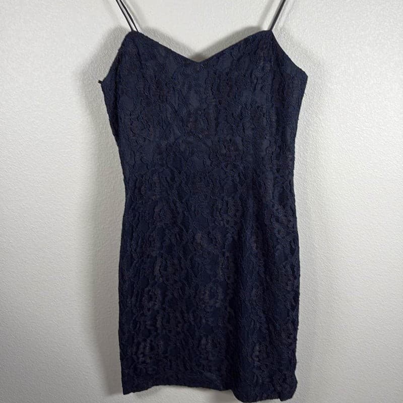 Ann Taylor Navy Blue Lace Mini Dress Spaghetti Strap Sheath 6