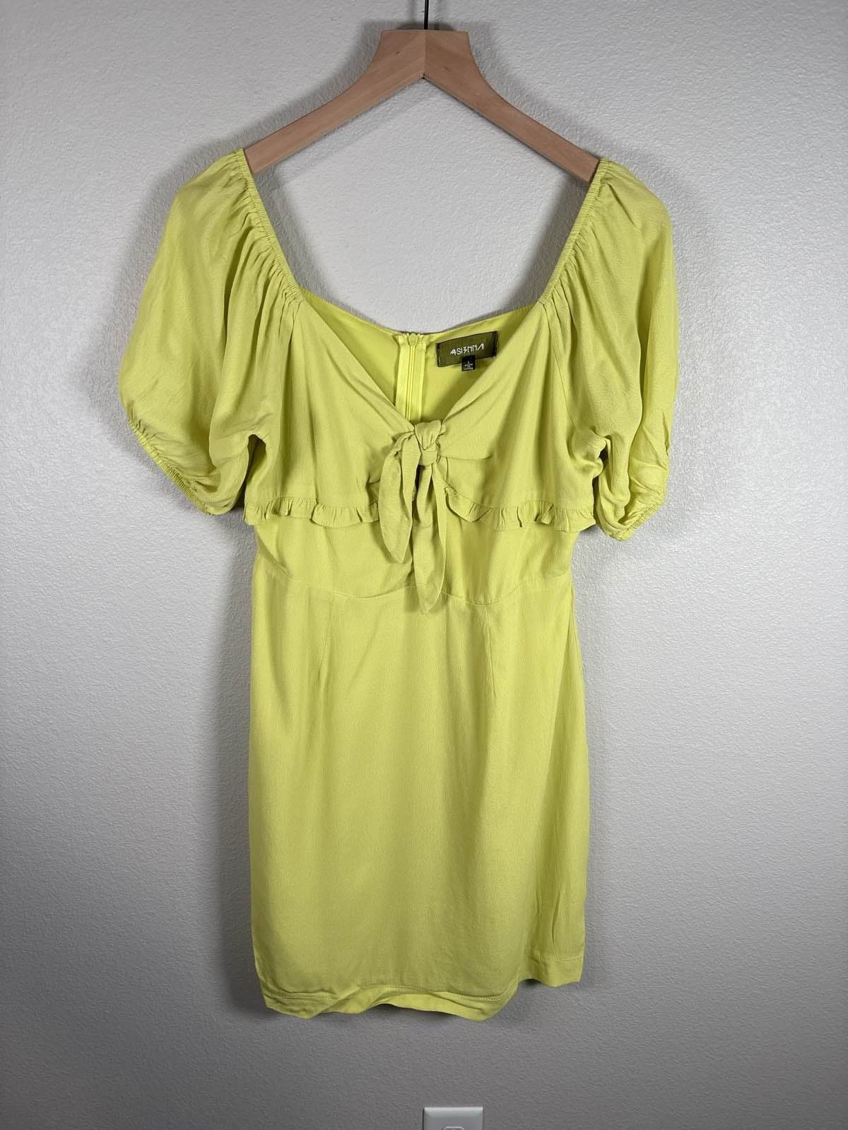 4SI3NNAM Women's Lime Green Tie Front Ruffle Puff Sleeve Midi Dress Size L