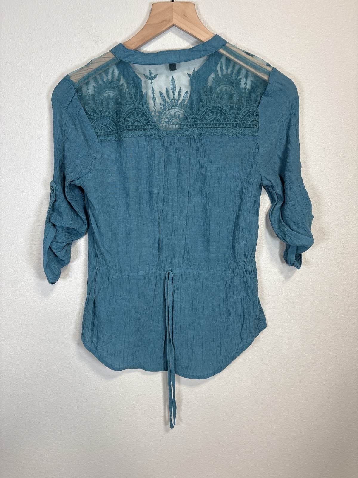 Mine M Teal Button Up Blouse Lace Yoke Roll Tab Sleeves Crinkle Top - Thumbnail 3