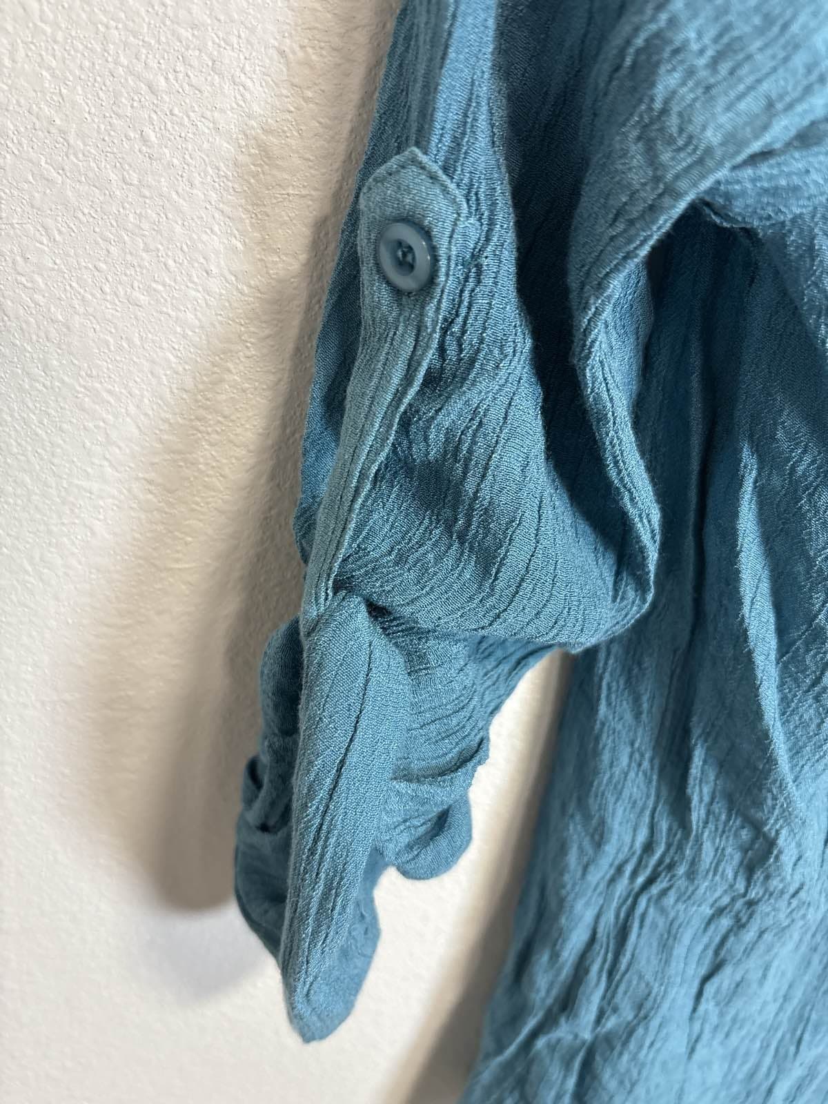 Mine M Teal Button Up Blouse Lace Yoke Roll Tab Sleeves Crinkle Top - Thumbnail 4