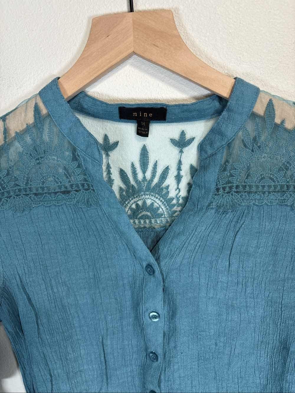 Mine M Teal Button Up Blouse Lace Yoke Roll Tab Sleeves Crinkle Top - Thumbnail 2