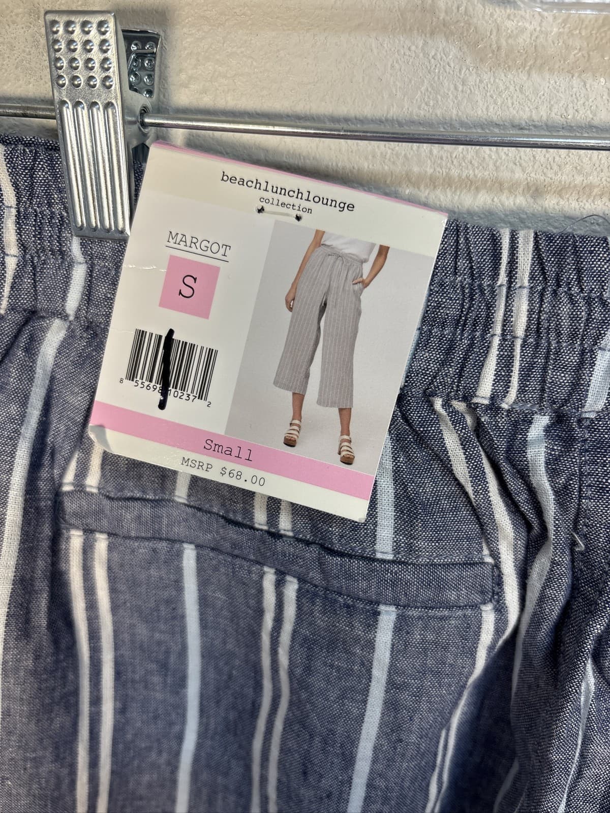 Beach Lunch Lounge Margot Striped Linen Crop Pants Womens Small Blue - Thumbnail 2