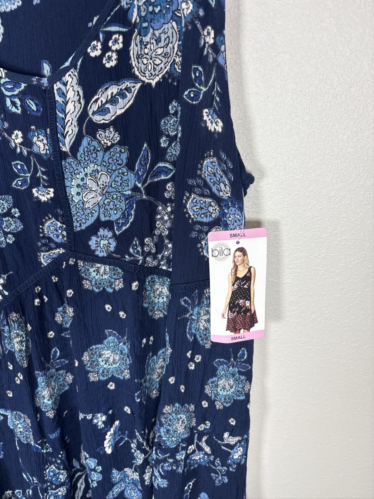 Bila Womens Small Blue Floral Babydoll Mini Dress Boho Cottagecore - Thumbnail 2
