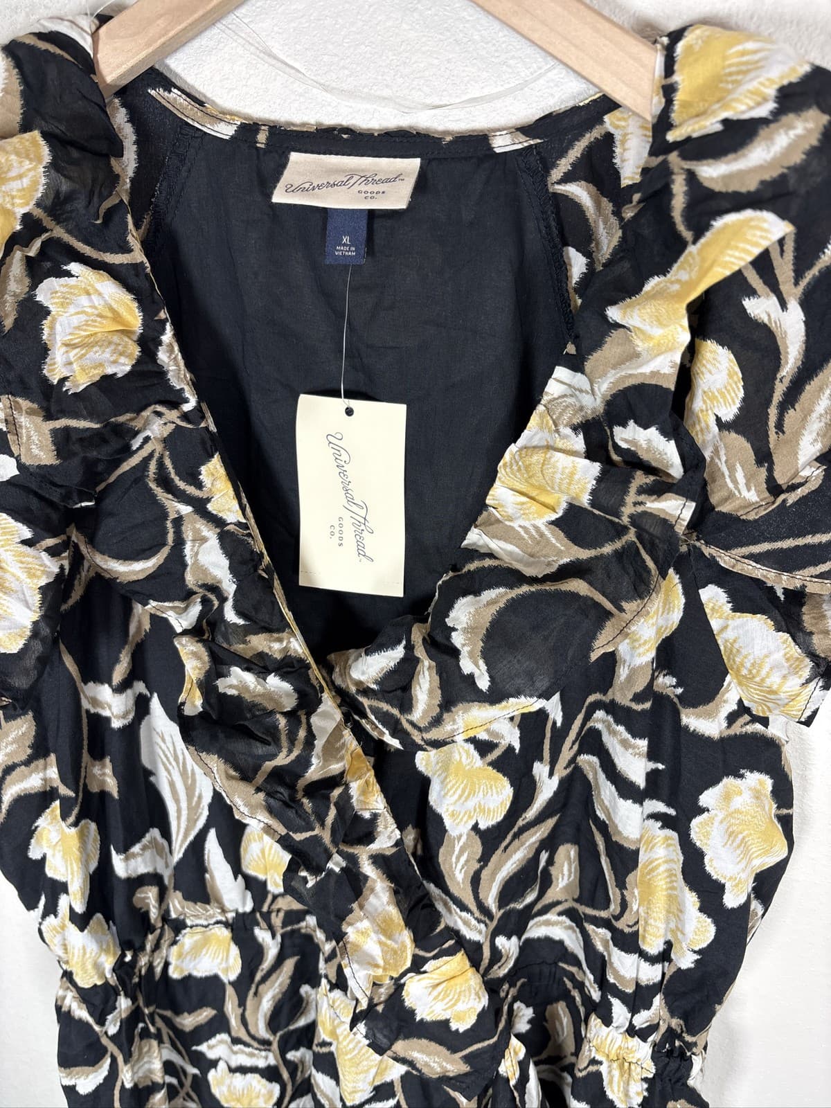 Universal Thread Women Black Yellow Floral Flutter Sleeve Ruffle Dress M - Thumbnail 2
