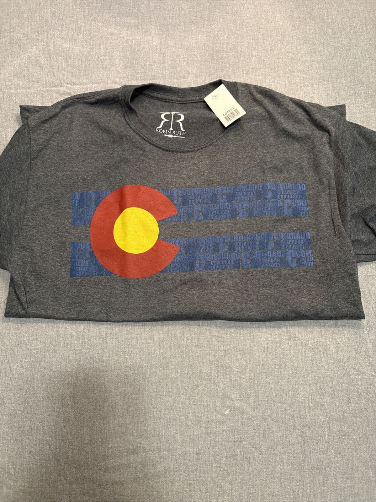 New Robin Ruth Colorado Flag T-Shirt Men's L Grey Short Sleeve State Graphic Tee