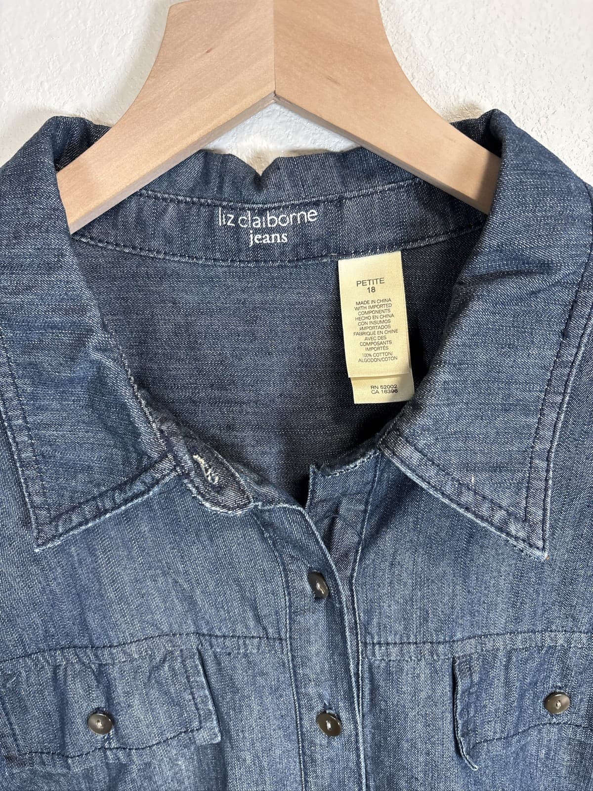 Liz Claiborne Blue Denim Shirt Dress Women 3/4 Sleeve Pockets Size 18 P - Thumbnail 2