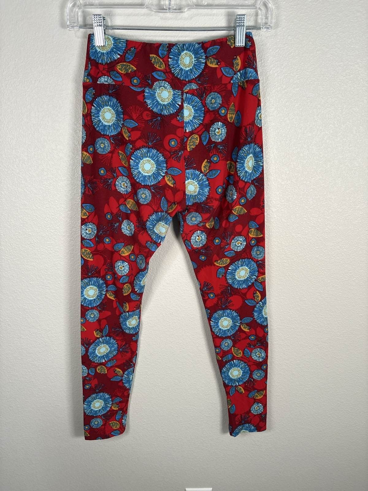 LuLaRoe OS Leggings Red Blue Yellow Floral Abstract Print - Thumbnail 3