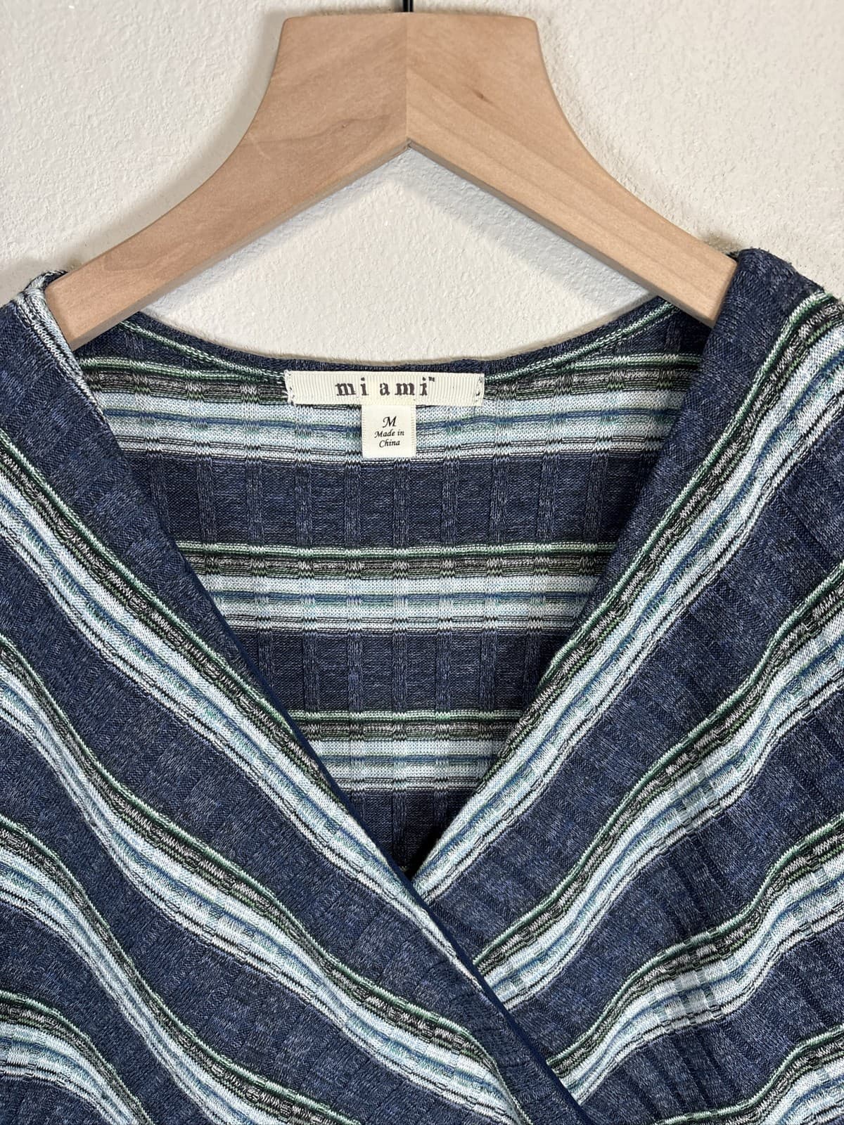 Francesca's Mi Ami Striped Ribbed Knit Faux Wrap Dress Mini 3/4 Sleeve M - Thumbnail 2