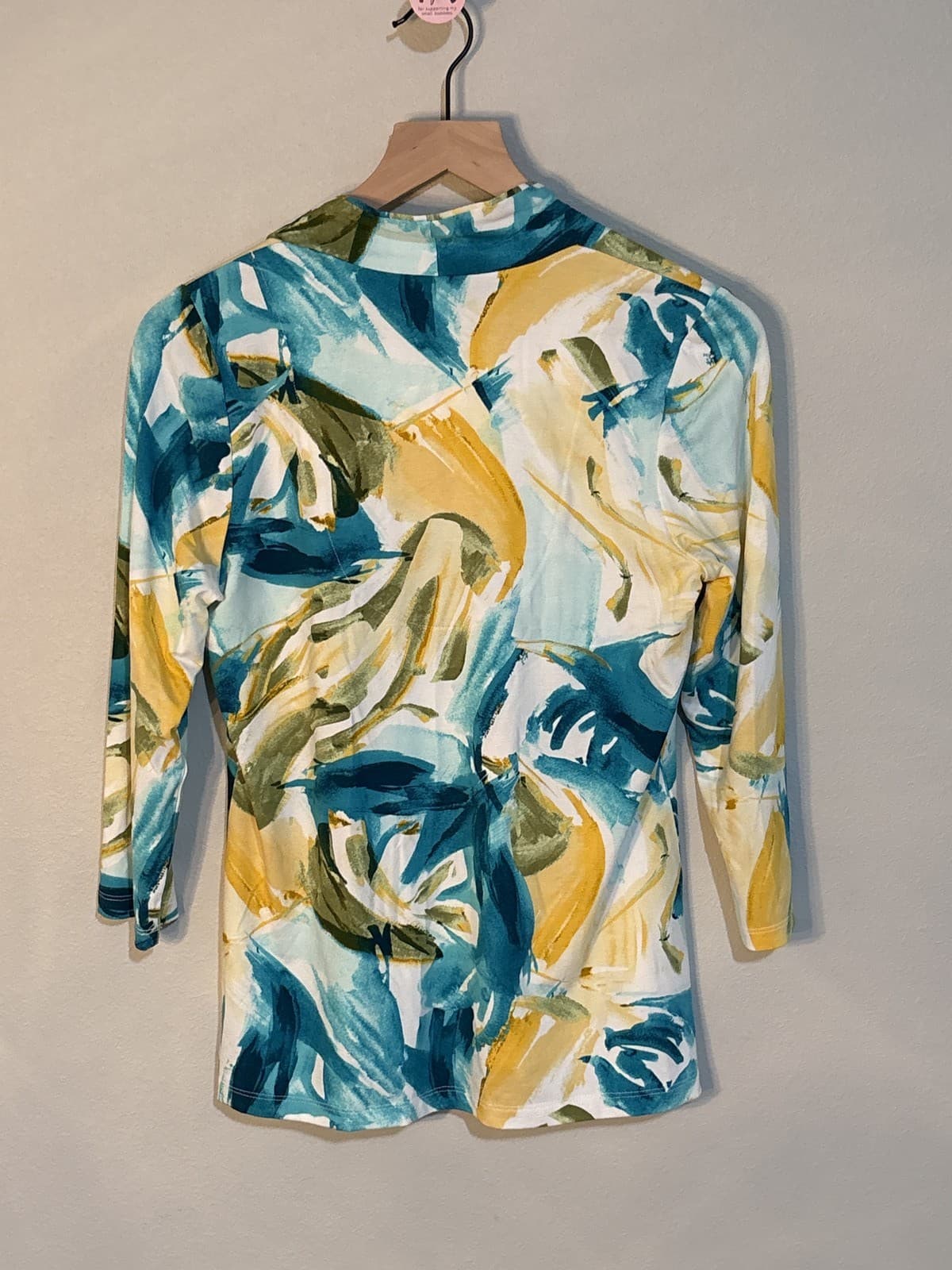 Chico's Women's Size S Abstract V-Neck 3/4 Sleeve Knit Top Teal Yellow - Thumbnail 3