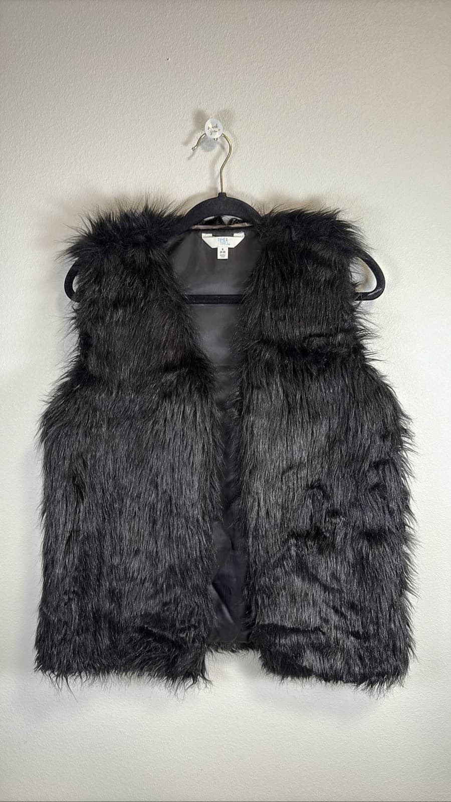 Time & Tru Womens Black Faux Fur Open Front Sleeveless Vest S 4-6