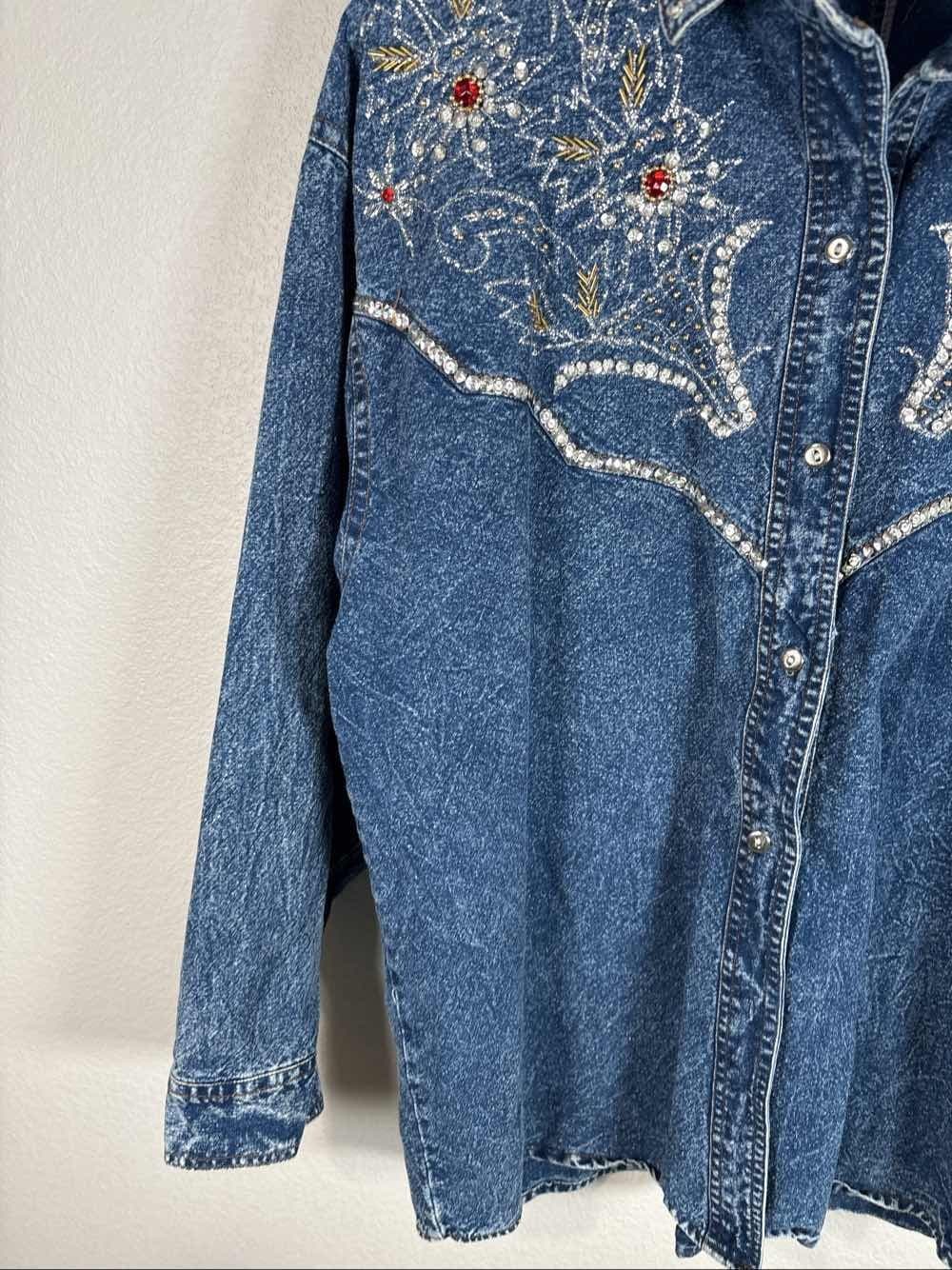 VTG 80s 90s Pretty Bleu Women's Acid Wash Embellished Denim Jean Shirt M - Thumbnail 4