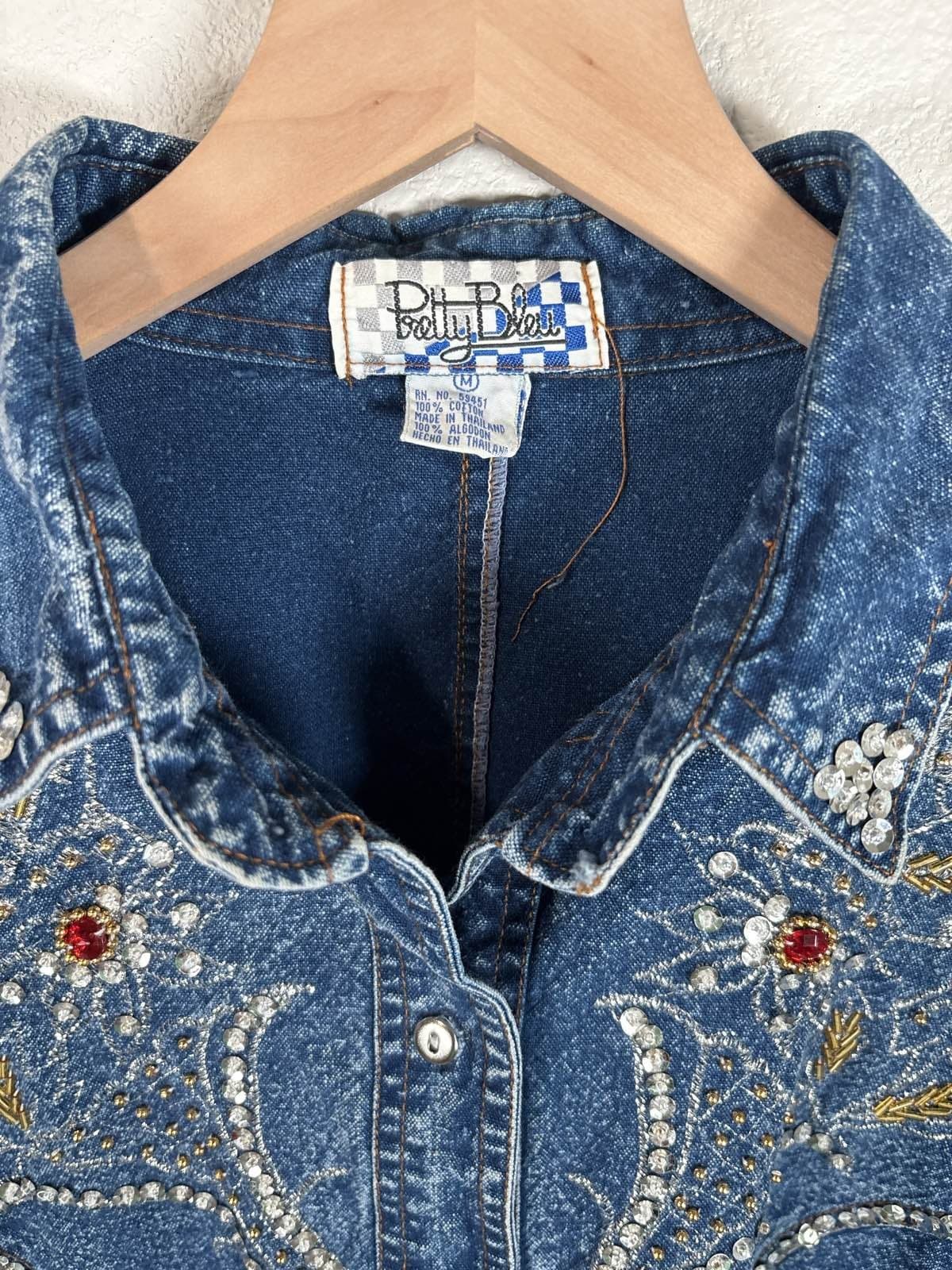 VTG 80s 90s Pretty Bleu Women's Acid Wash Embellished Denim Jean Shirt M - Thumbnail 2