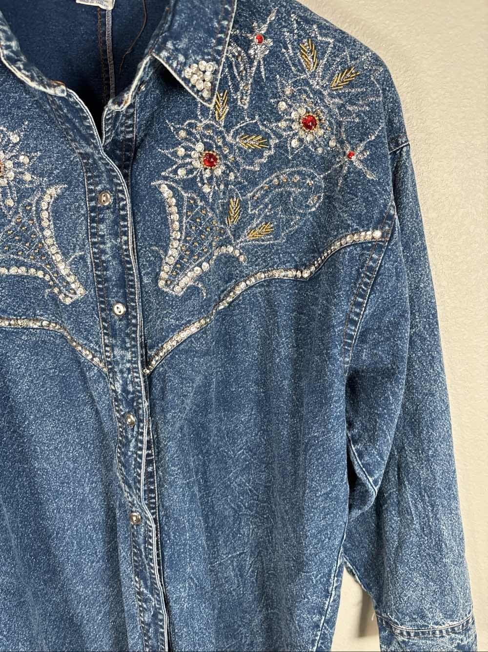 VTG 80s 90s Pretty Bleu Women's Acid Wash Embellished Denim Jean Shirt M - Thumbnail 3