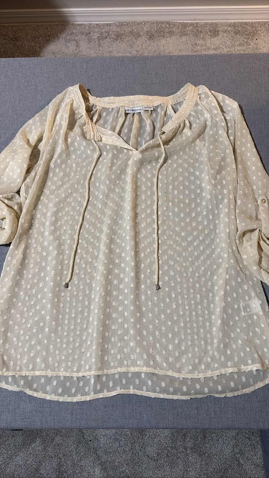 Liz Claiborne Womens Sheer Polka Dot V-Neck Blouse Roll Tab Long Sleeve Top L - Thumbnail 2