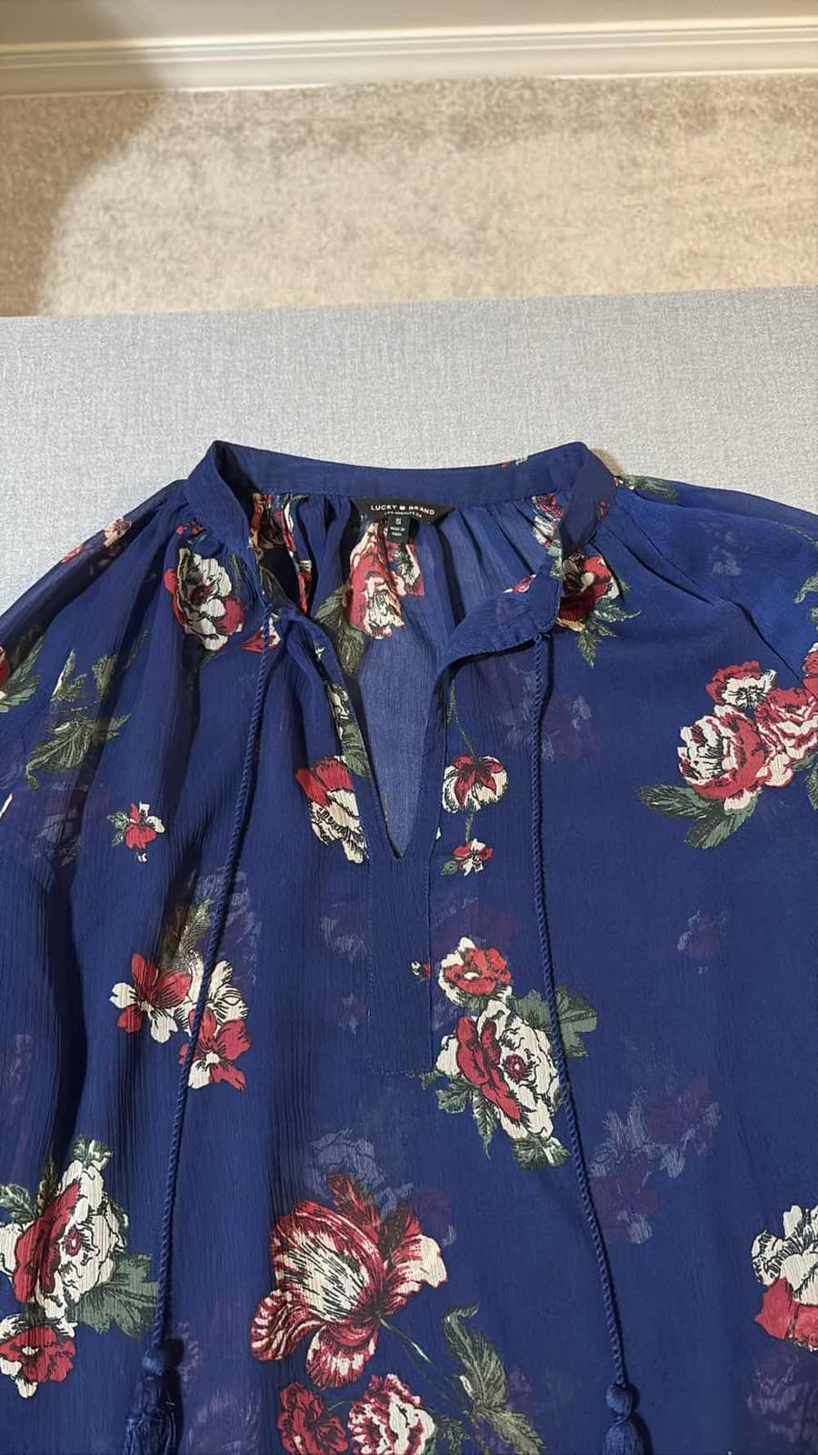 Lucky Brand Womens S Blue Floral Peasant Blouse Tassel V-Neck Top - Thumbnail 2