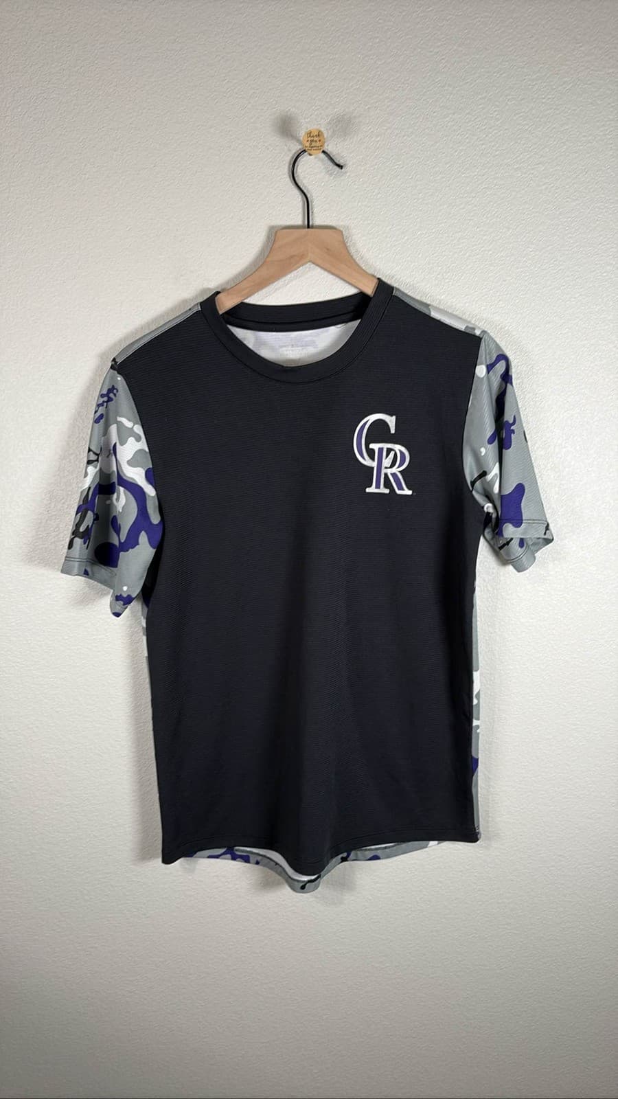 Colorado Rockies Youth Boys Black Purple Camo CR T-Shirt