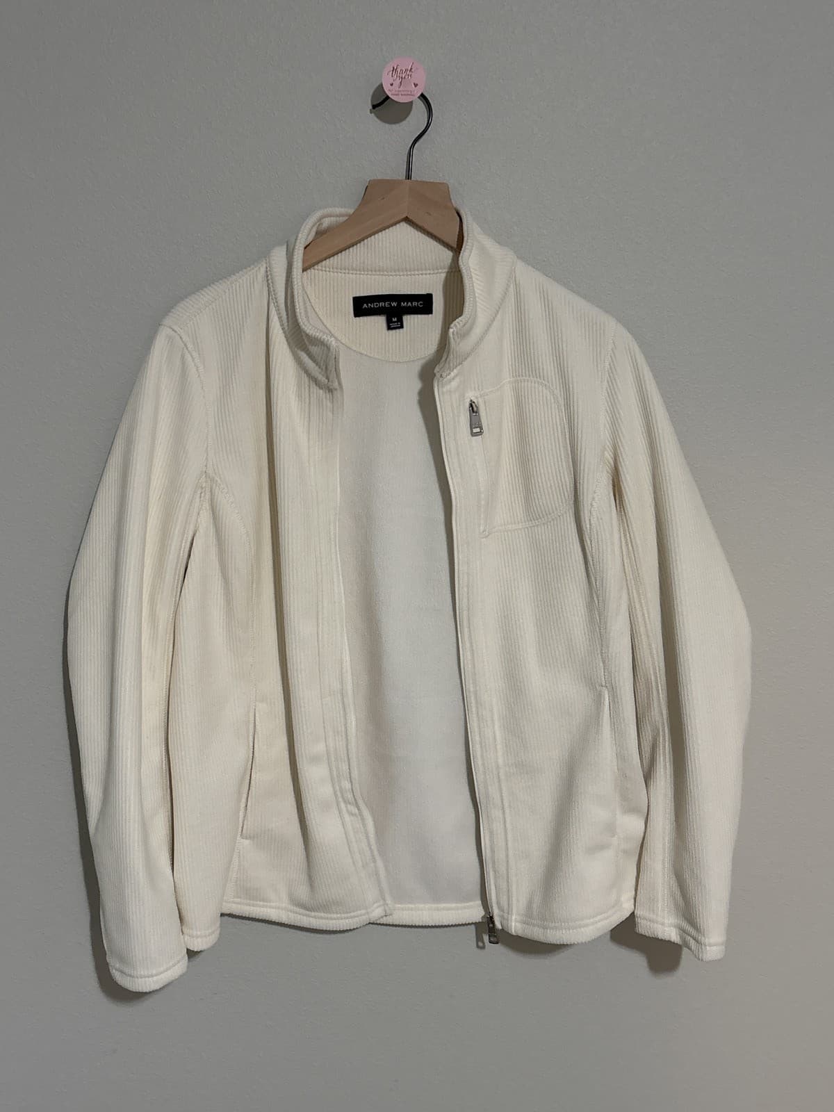 Andrew Marc Women's Cream Ribbed Full Zip Jacket Pockets M - Thumbnail 3