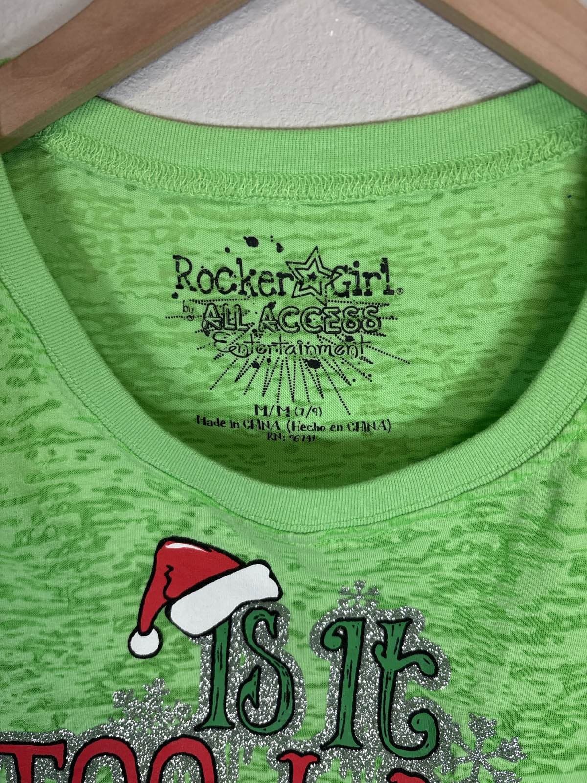 Rocker Girl Green Glitter Christmas Holiday Tee Girls M 7-9 - Thumbnail 2