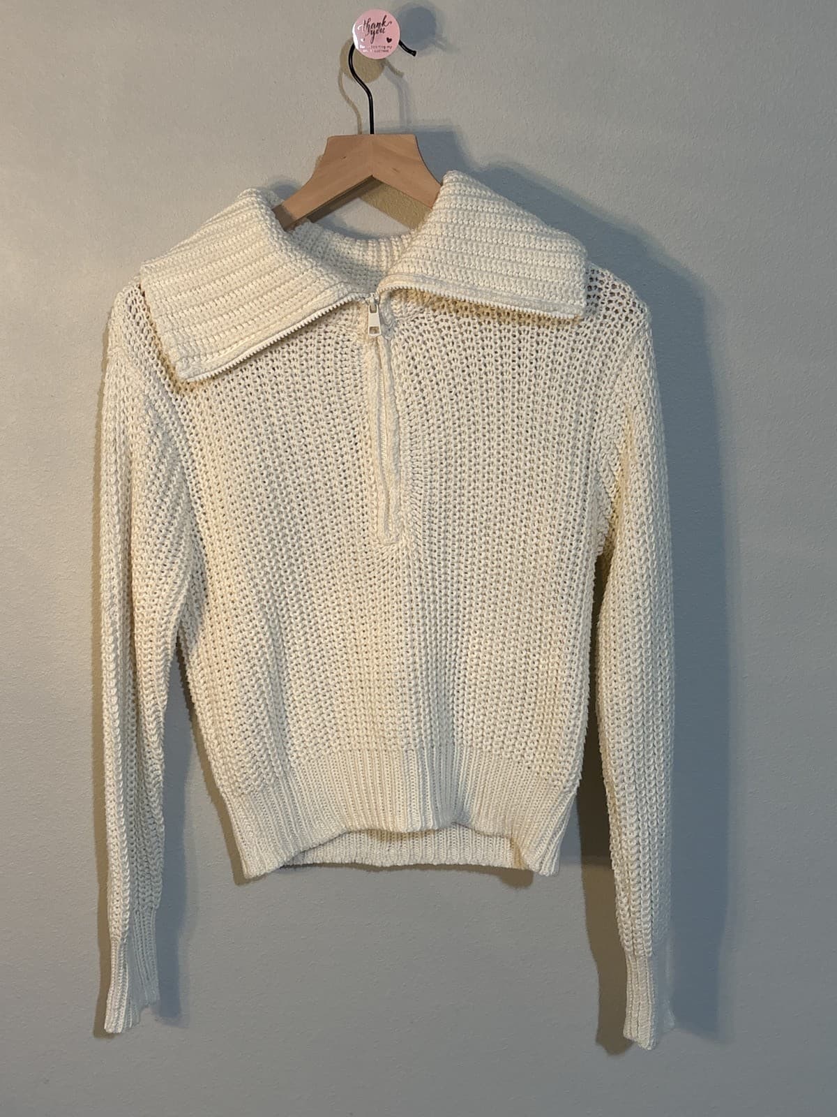 American Eagle Women's White Chunky Knit Quarter Zip Sweater XS