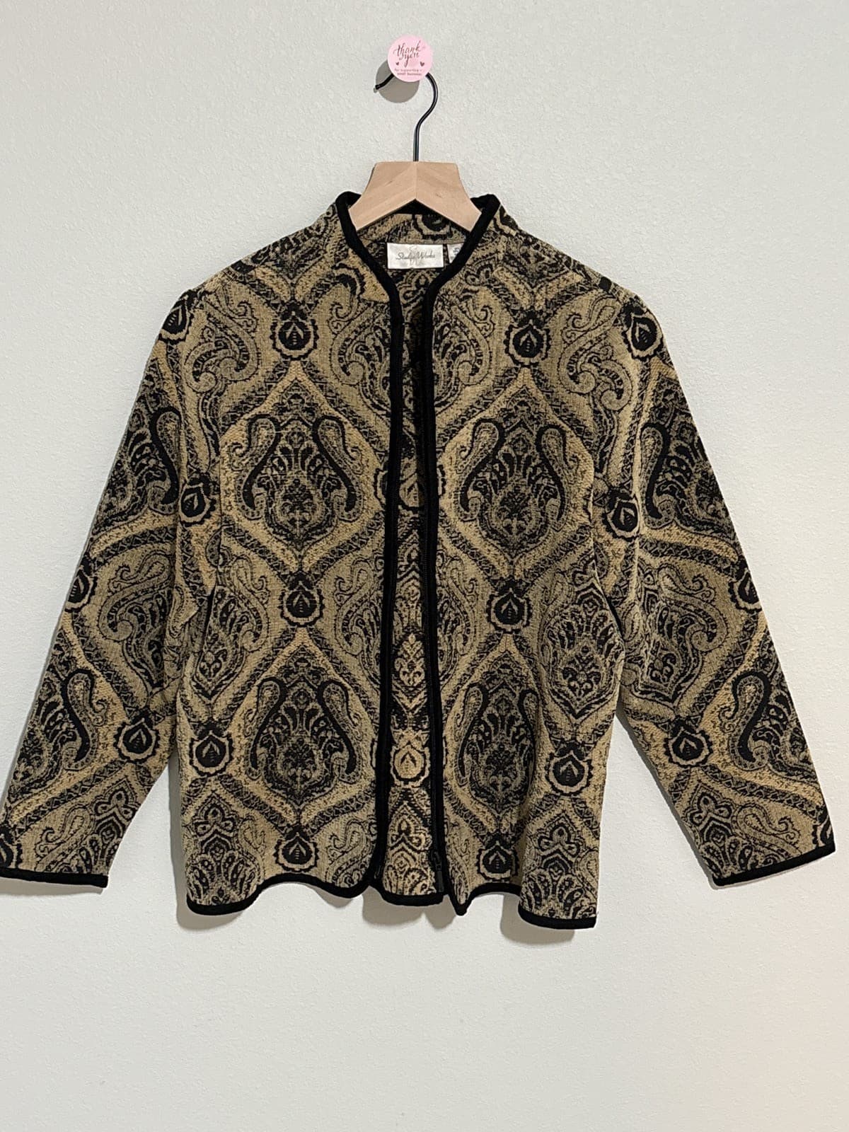 Studio Works Womens Jacket Size S Tan Black Paisley Full Zip Cardigan