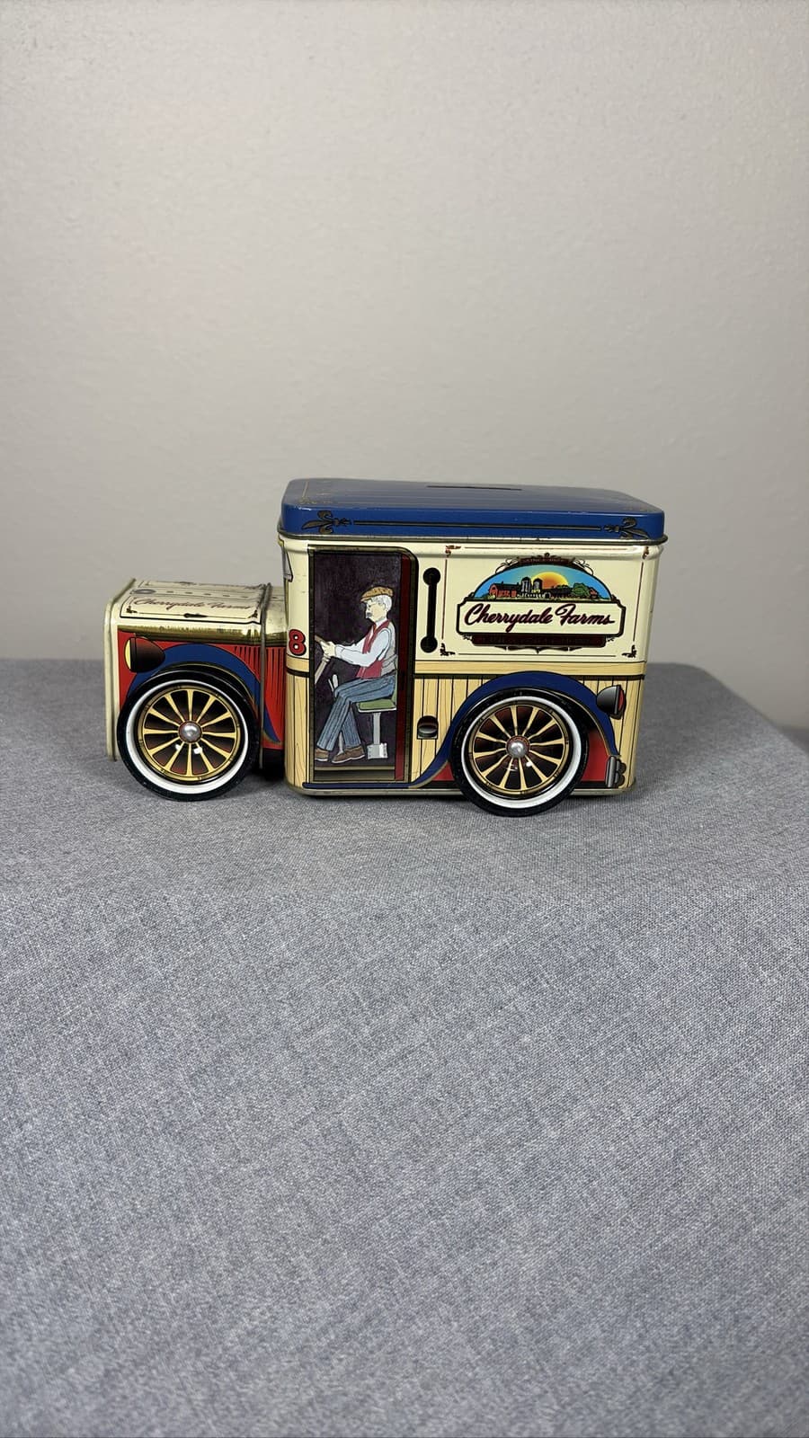 Cherrydale Farms Delivery Truck Tin Box Coin Bank Rotating Wheels