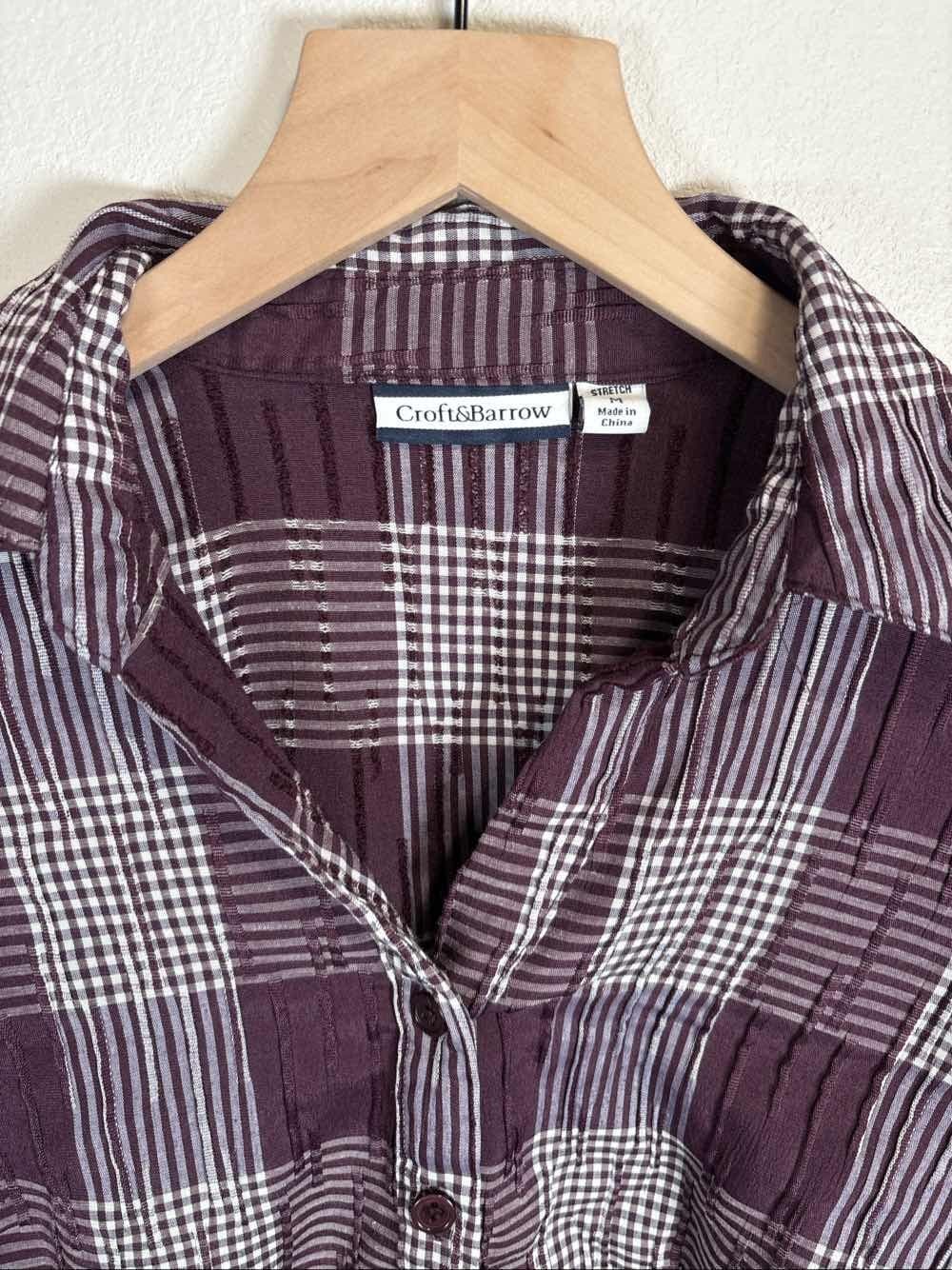 Croft & Barrow Womens M Plaid 3/4 Sleeve Shirt Purple White - Thumbnail 2