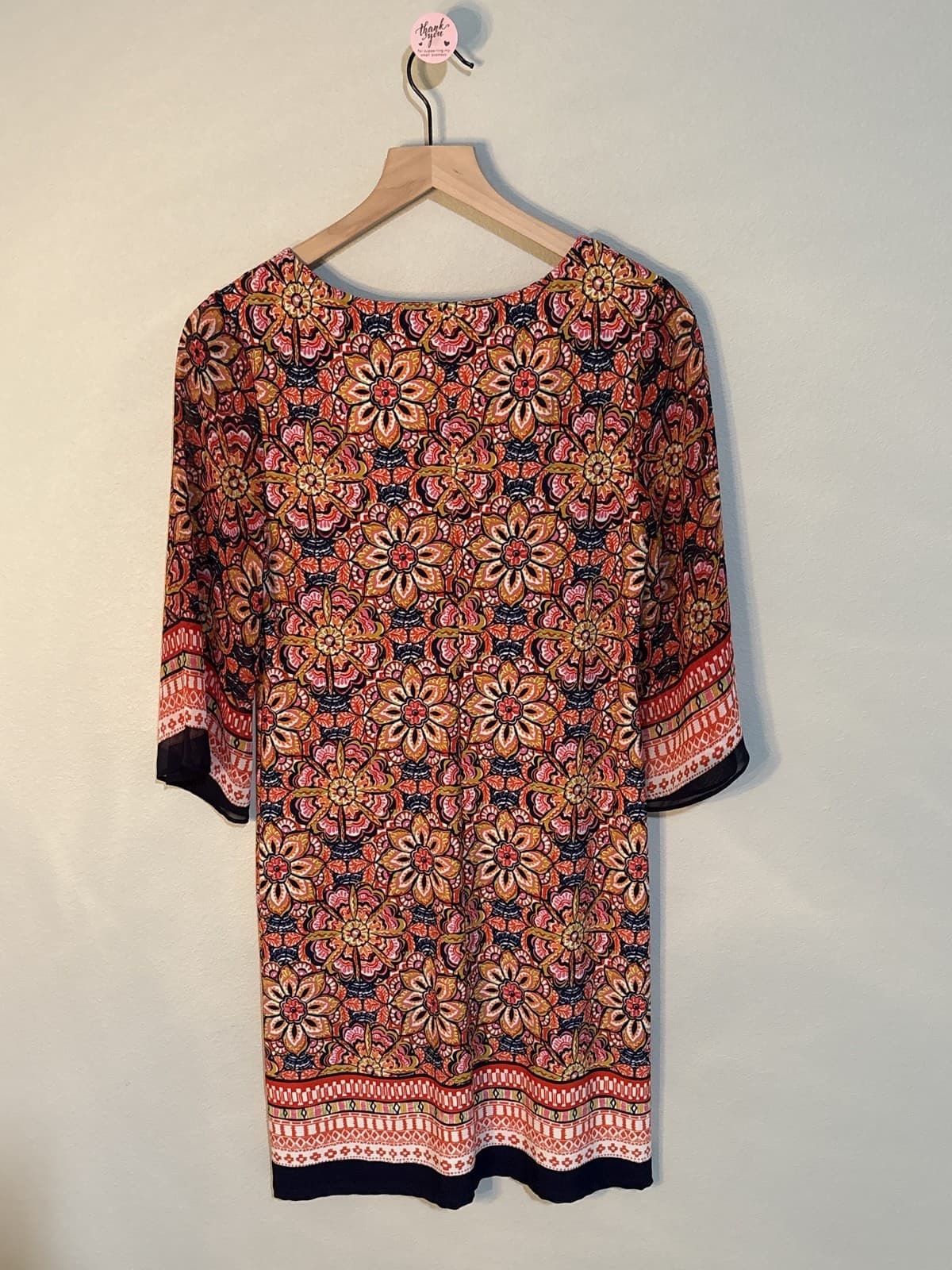 AGB Floral Tunic Mini Dress Lace Up V-Neck 3/4 Sleeve Shift S - Thumbnail 3