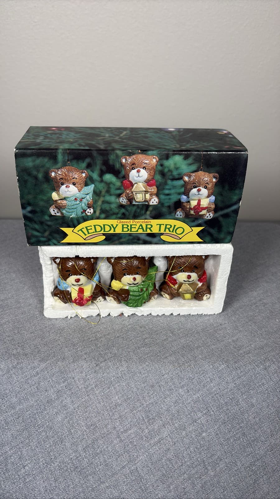 Teddy Bear Trio Christmas Ornaments Glazed Porcelain 3 Piece Set Box