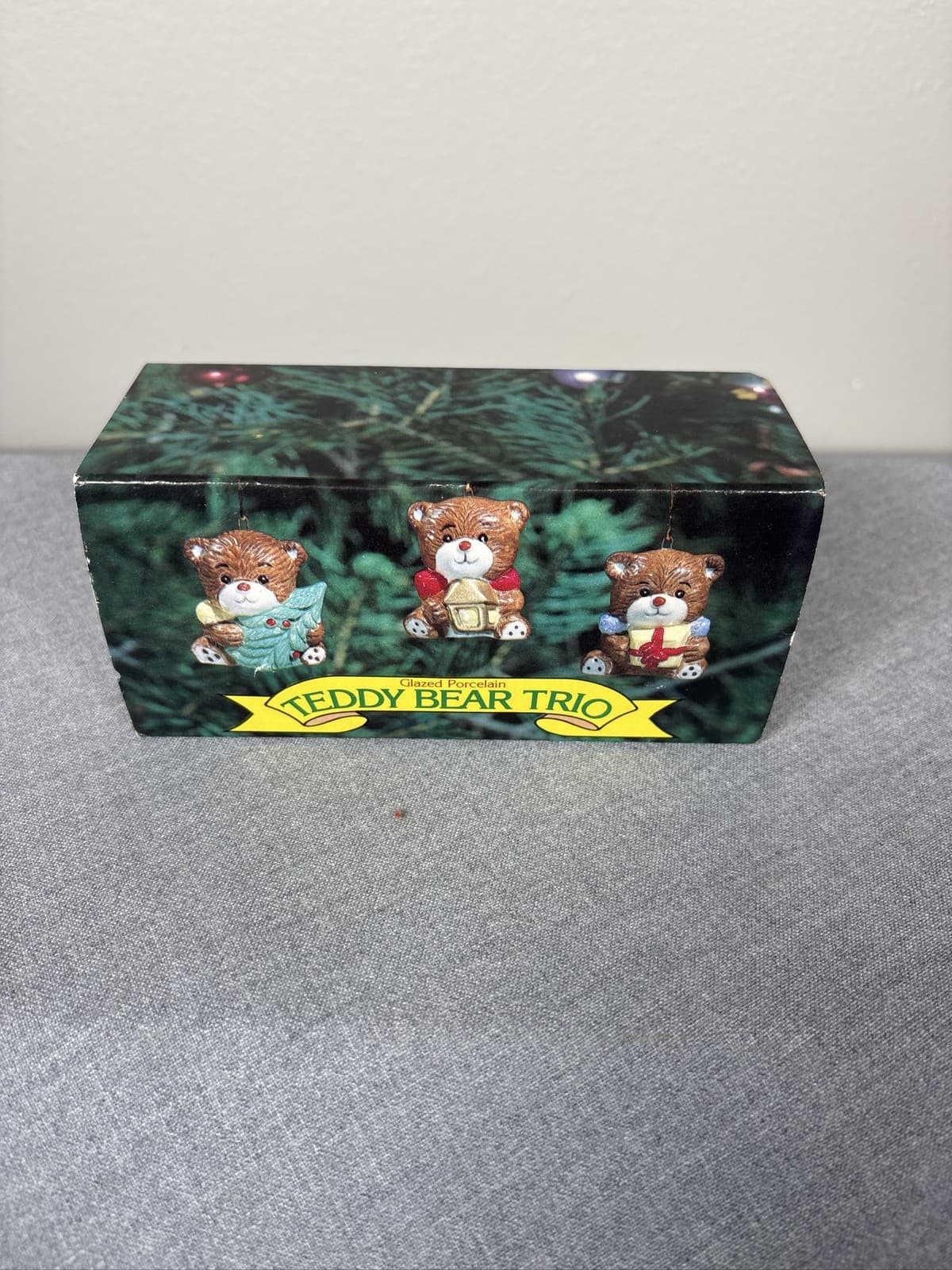 Teddy Bear Trio Christmas Ornaments Glazed Porcelain 3 Piece Set Box - Thumbnail 2