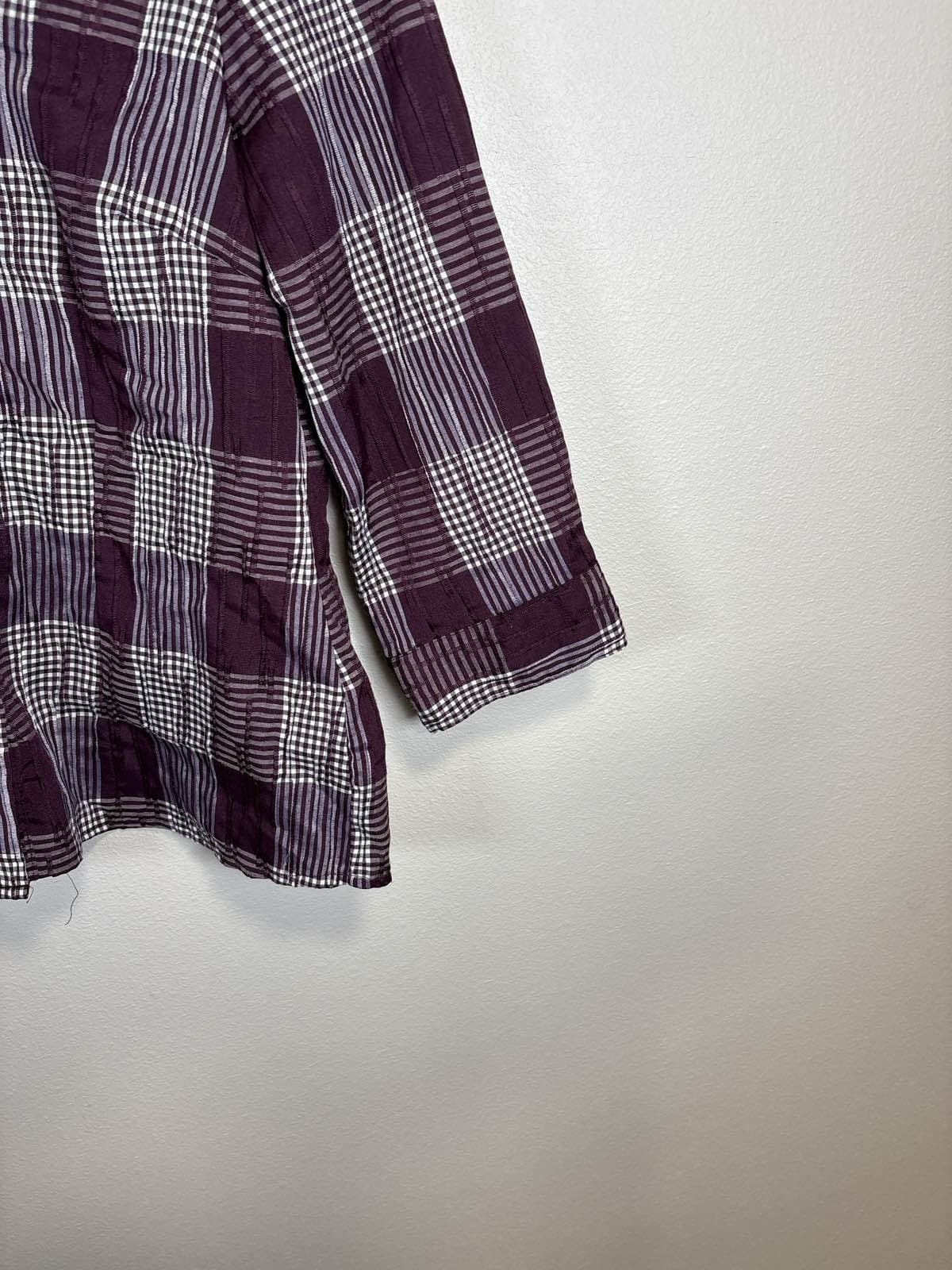 Croft & Barrow Womens M Plaid 3/4 Sleeve Shirt Purple White - Thumbnail 3