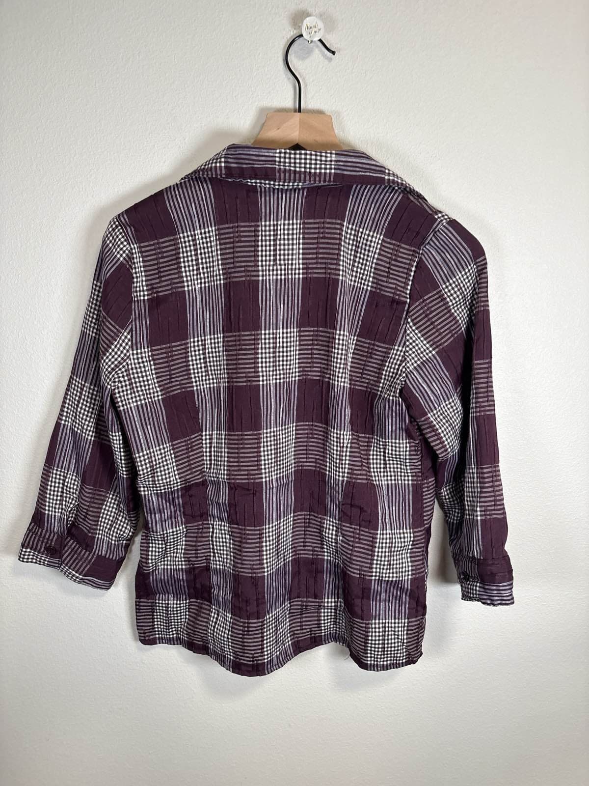 Croft & Barrow Womens M Plaid 3/4 Sleeve Shirt Purple White - Thumbnail 4