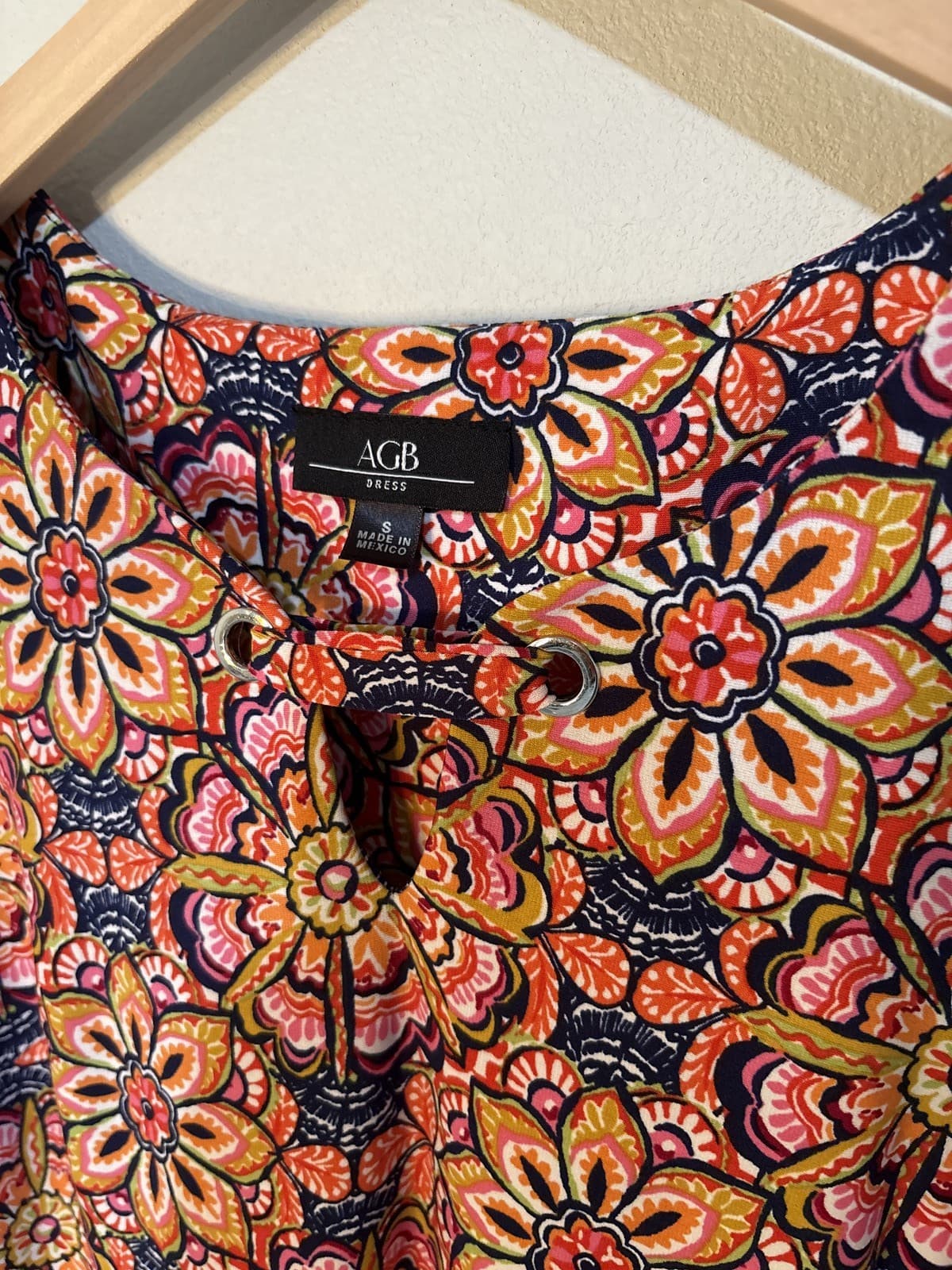 AGB Floral Tunic Mini Dress Lace Up V-Neck 3/4 Sleeve Shift S - Thumbnail 2