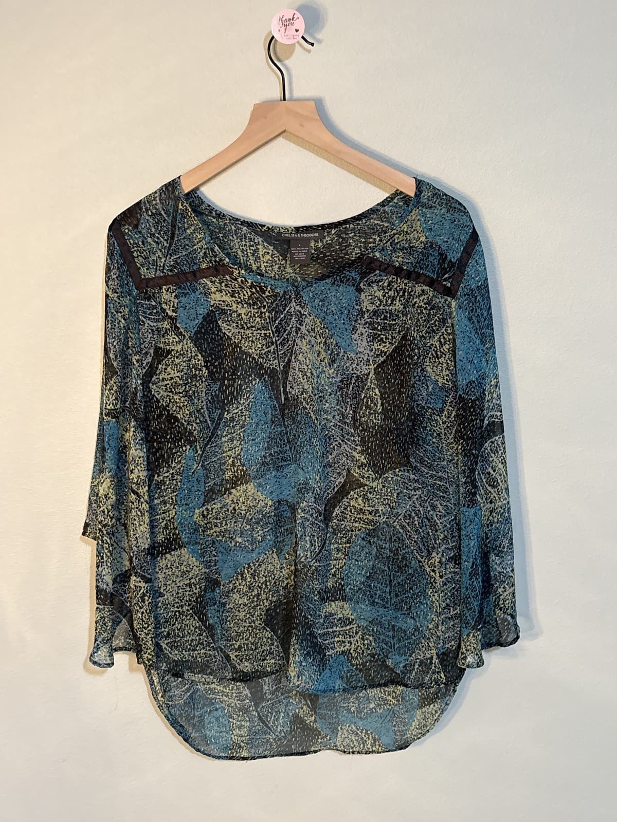 Chelsea & Theodore L Teal Yellow Black Abstract Leafy Blouse Top Polyester