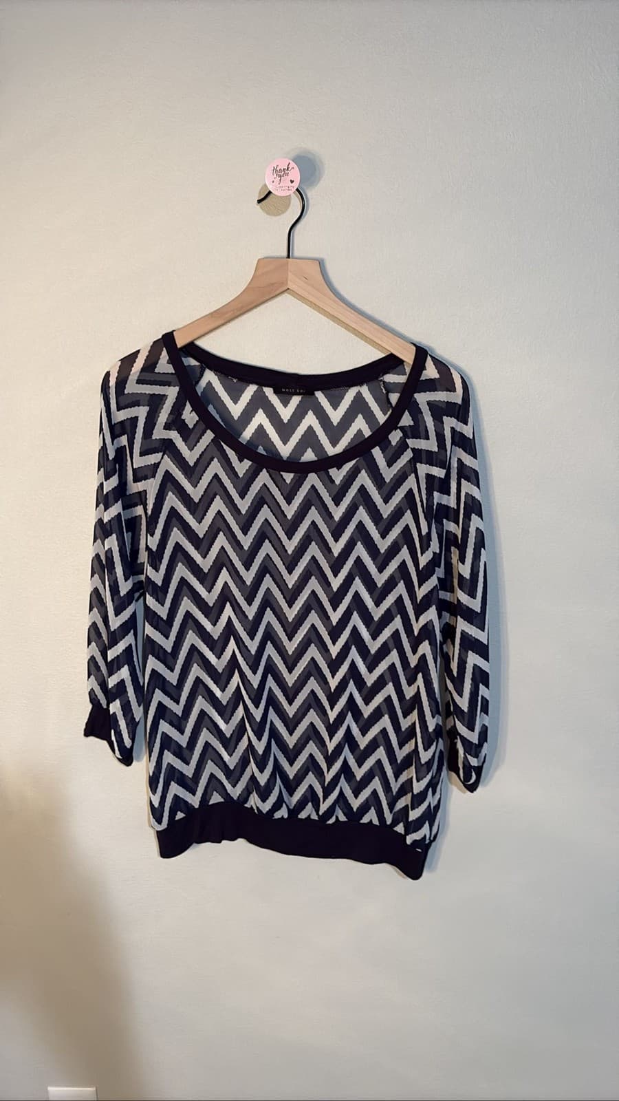 West Kei Black White Zig Zag Chevron Print 3/4 Sleeve Tunic Top L