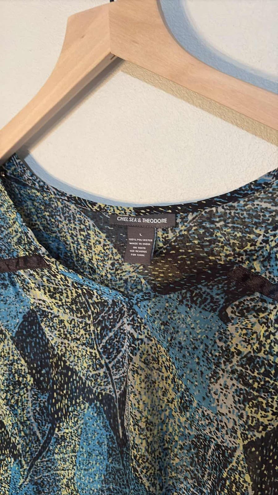 Chelsea & Theodore L Teal Yellow Black Abstract Leafy Blouse Top Polyester - Thumbnail 2
