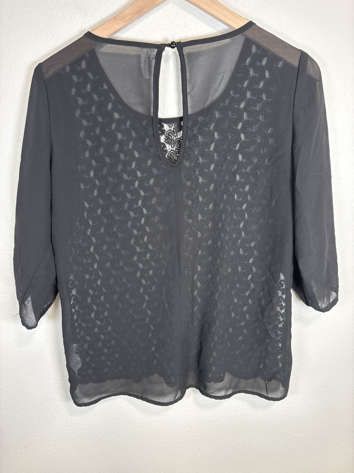 Studio Y Black Lace Blouse Top 3/4 Sleeve Round Neck Pullover - Thumbnail 3